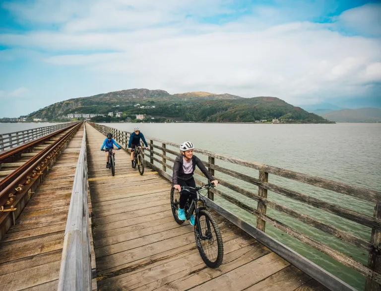 Family of cyclists on a bridge with a train track alongside them and scenic coast beyond.