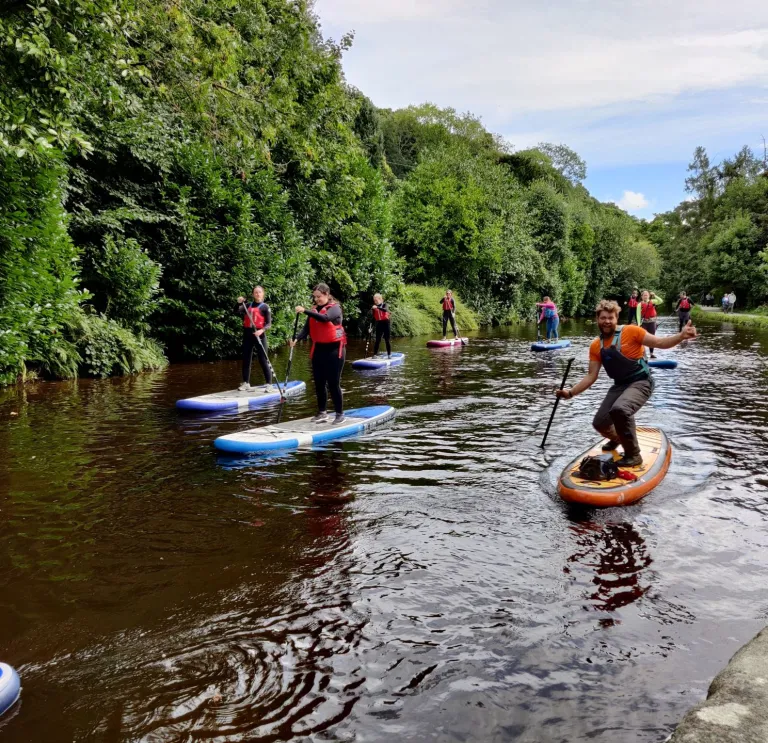 A group of people participating in stand up paddleboarding on a river.