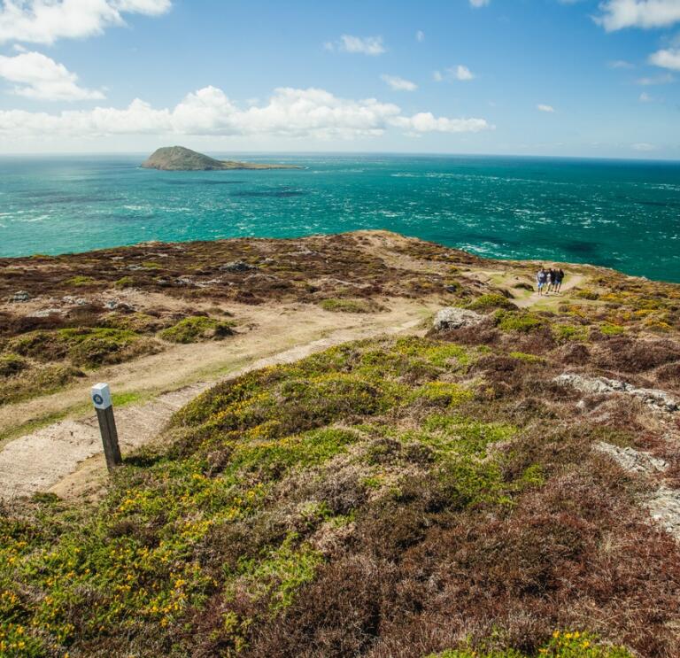 Walkers on a coast path with views of an island in the sea.