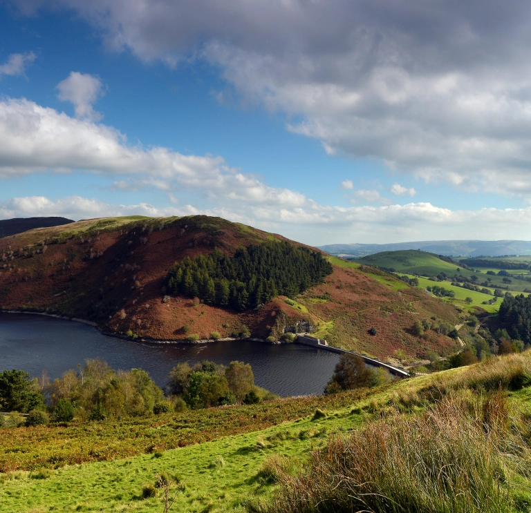 Landscape image of a reservoir, surrounded by a mountain and trees.