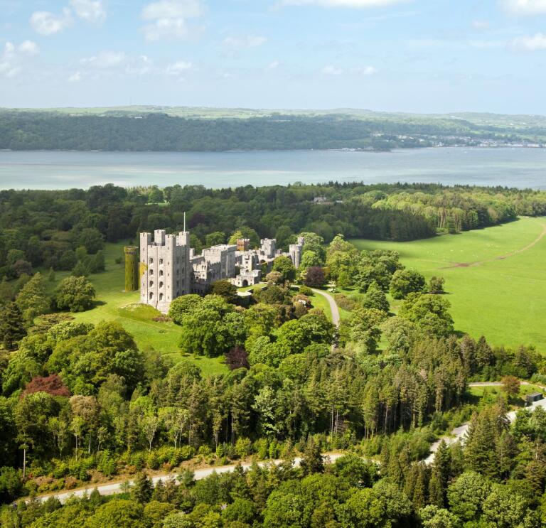 Aerial view of a castle and strait.