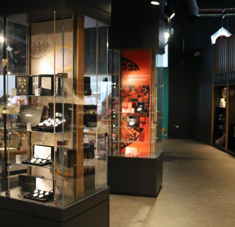 Coin and other displays at The Royal Mint Experience.