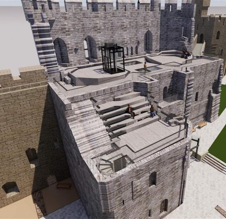 An artistic impression of a new visitor centre at a castle.