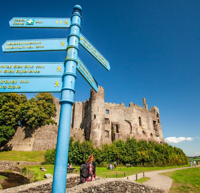 A signage post showing directions with a castle in the background.
