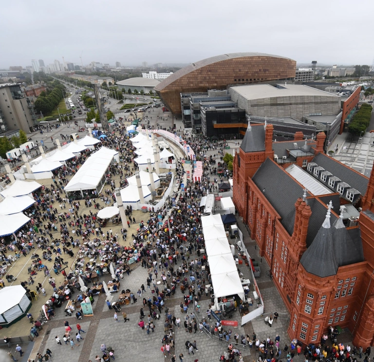 Aerial shot of a food festival, arts centre and civic building.