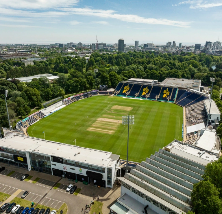 Aerial shot of a cricket ground.