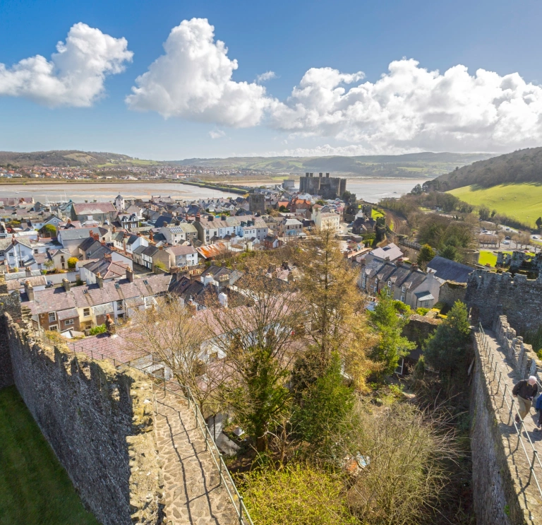 Aerial shot of a castle and it's town walls.