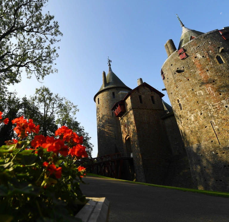 Flowers in bloom next to the path of a castle entrance.