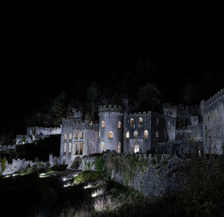 A castle in the spooky glow at nighttime.