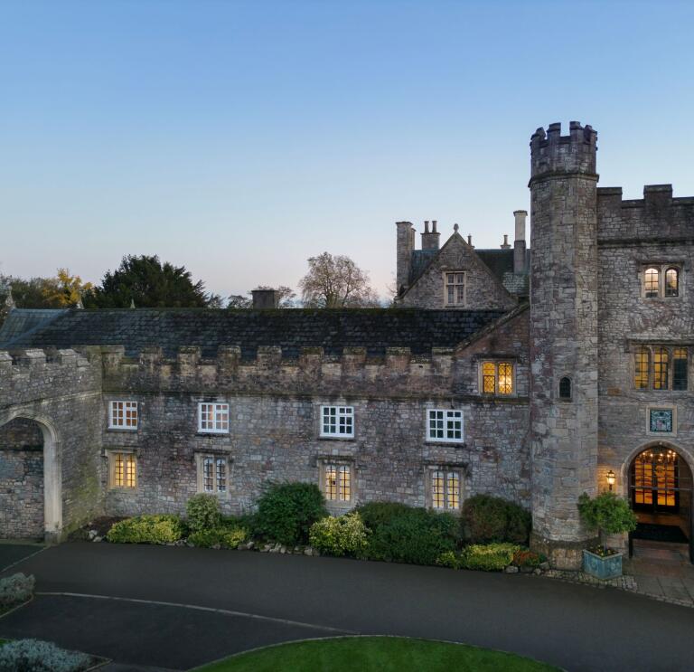 Evening Exterior shot of historic hotel.