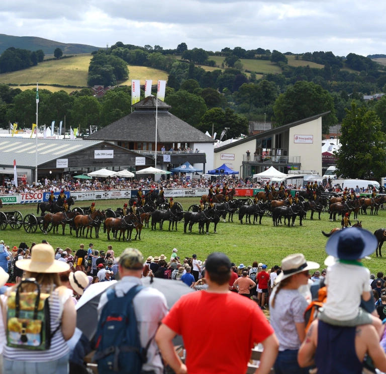 Crowed watching a display of the military on horses pulling cannons.