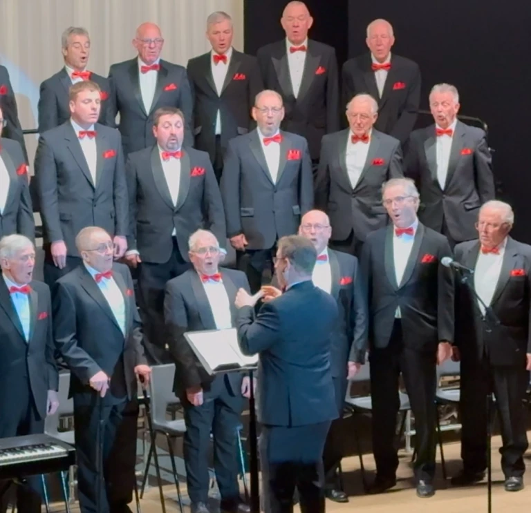 A male voice choir singing on a stage.