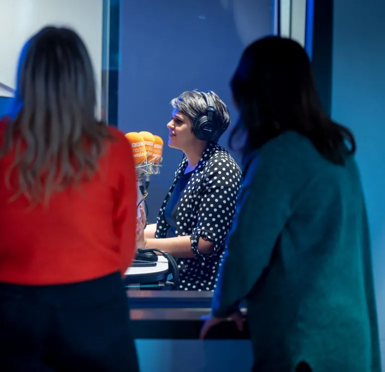 Group of people on a tour, looking through a glass screen at a presenter at work.