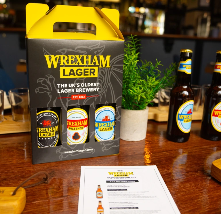 Wrexham lager display of bottles at restaurant