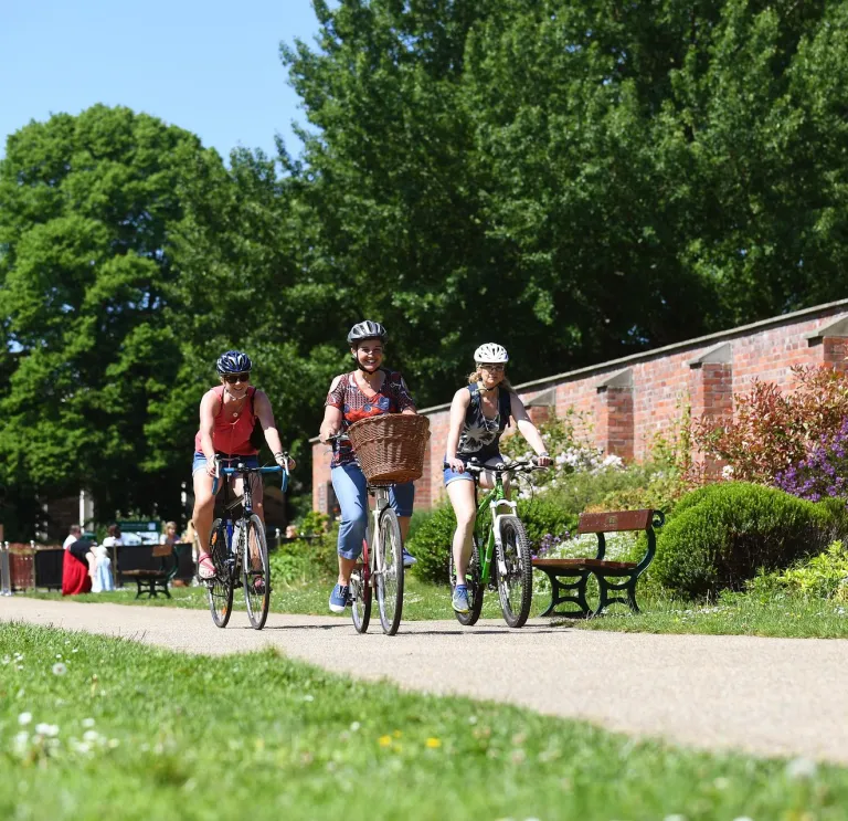 Family of cyclists pedalling through a park filled with flowers.