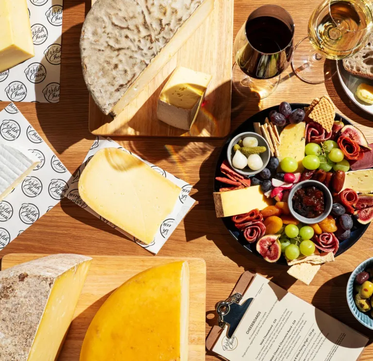 Overhead shot of Welsh cheeses and cheeseboard 