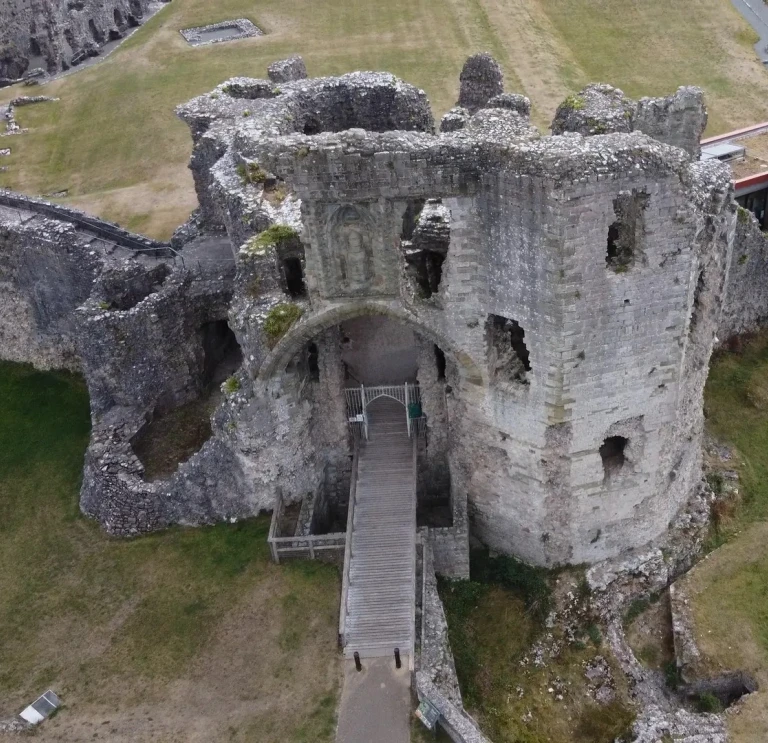 Aerial shot of the ruins of a castle.