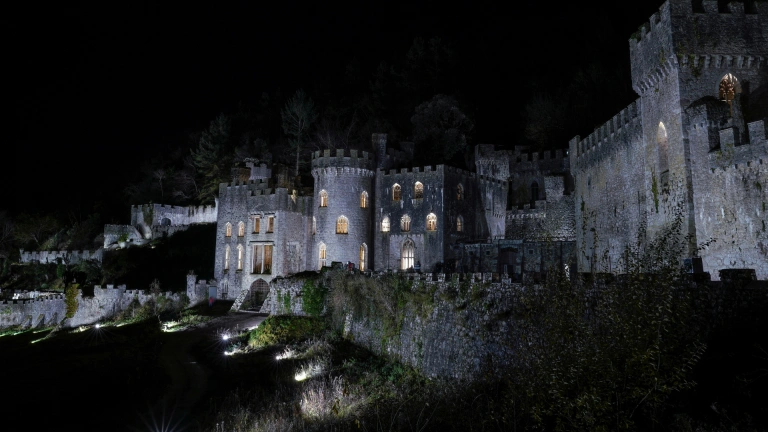A castle in the spooky glow at nighttime.