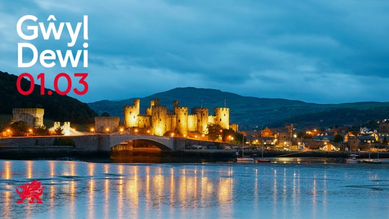 A castle lit up at dusk.