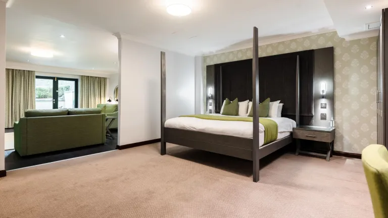 An executive bedroom in a hotel with a lounge and sliding doors to a terrace.