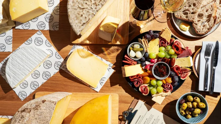 Overhead shot of Welsh cheeses and cheeseboard 