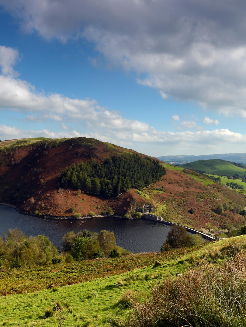 Landscape image of a reservoir, surrounded by a mountain and trees.