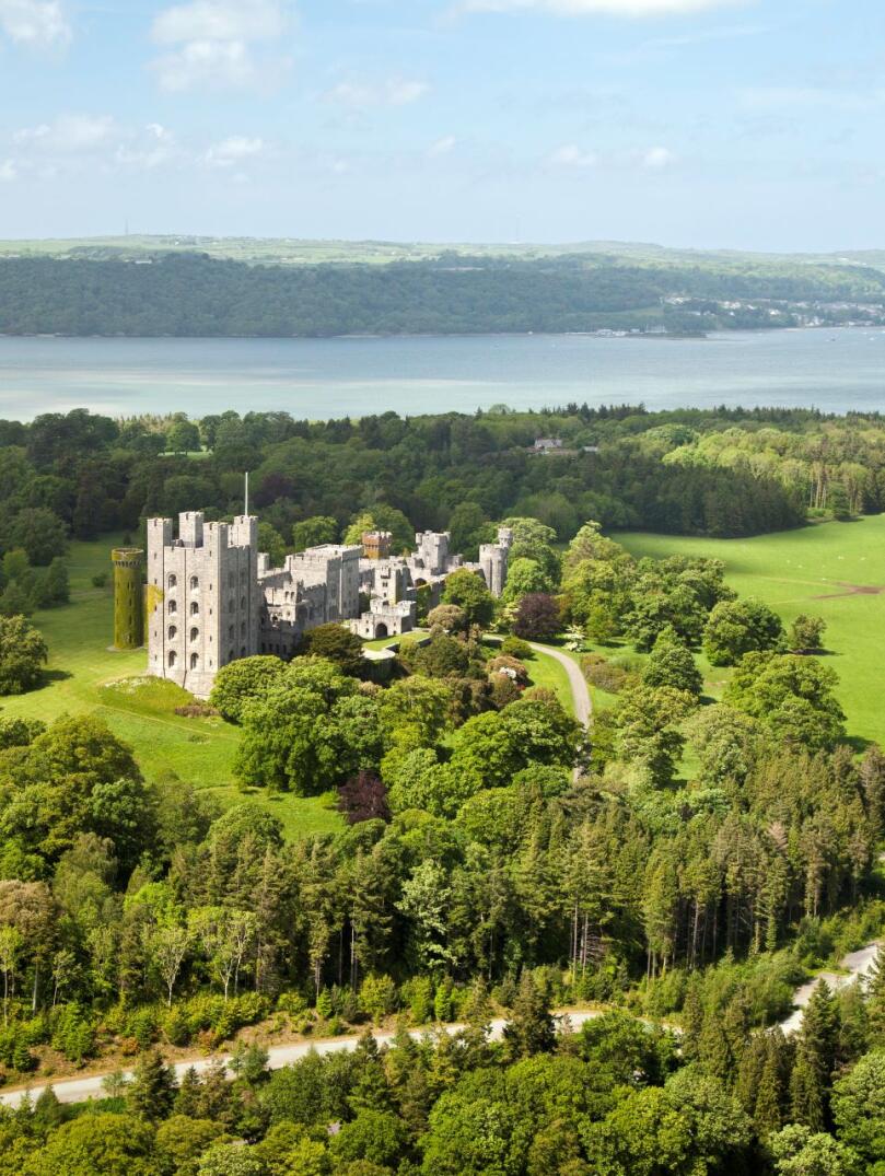 Aerial view of a castle and strait.