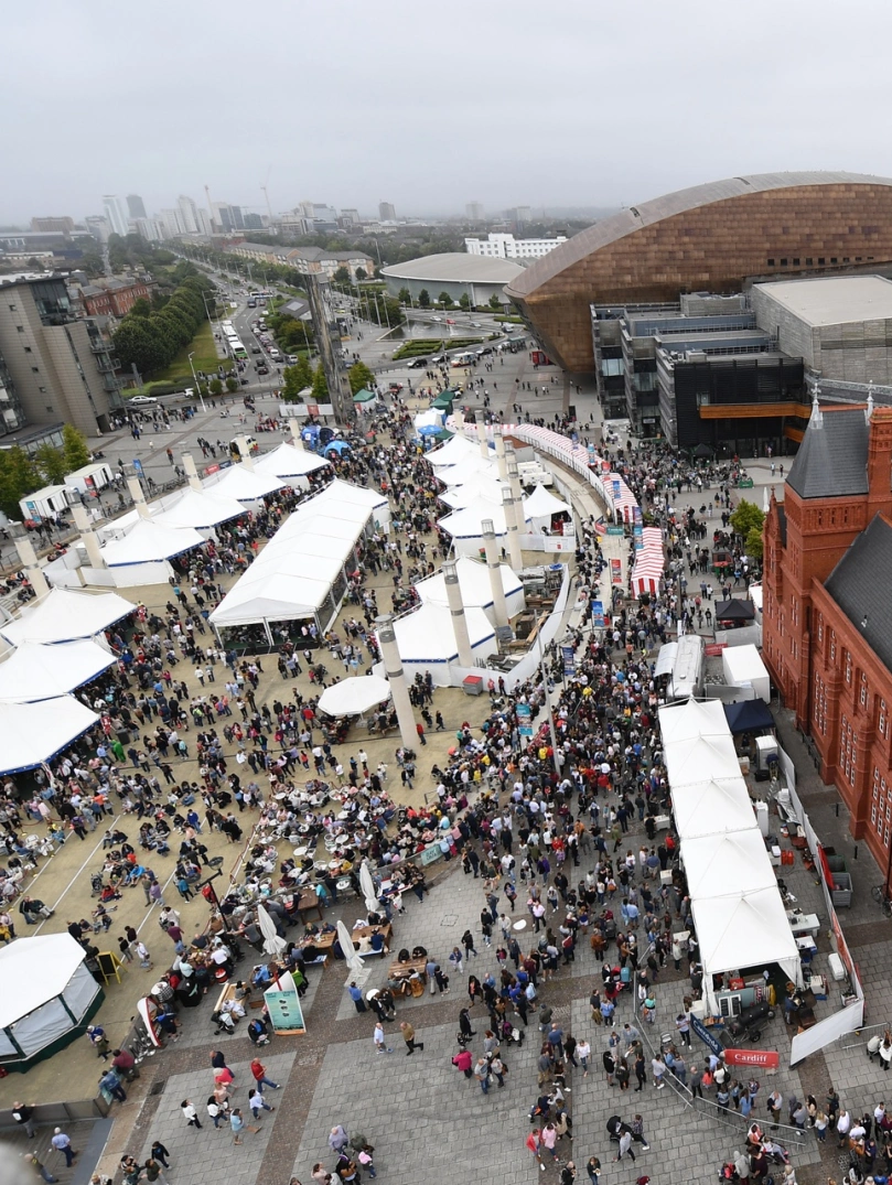 Aerial shot of a food festival, arts centre and civic building.