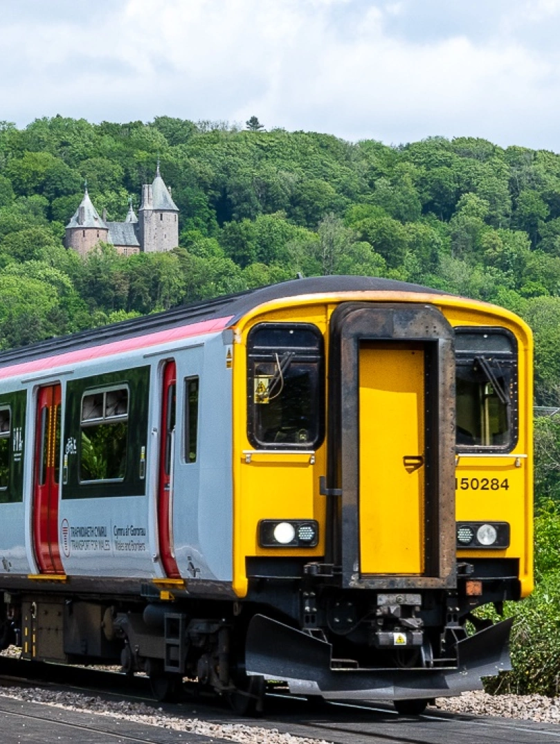 A train passing a fairytale castle on a hill.