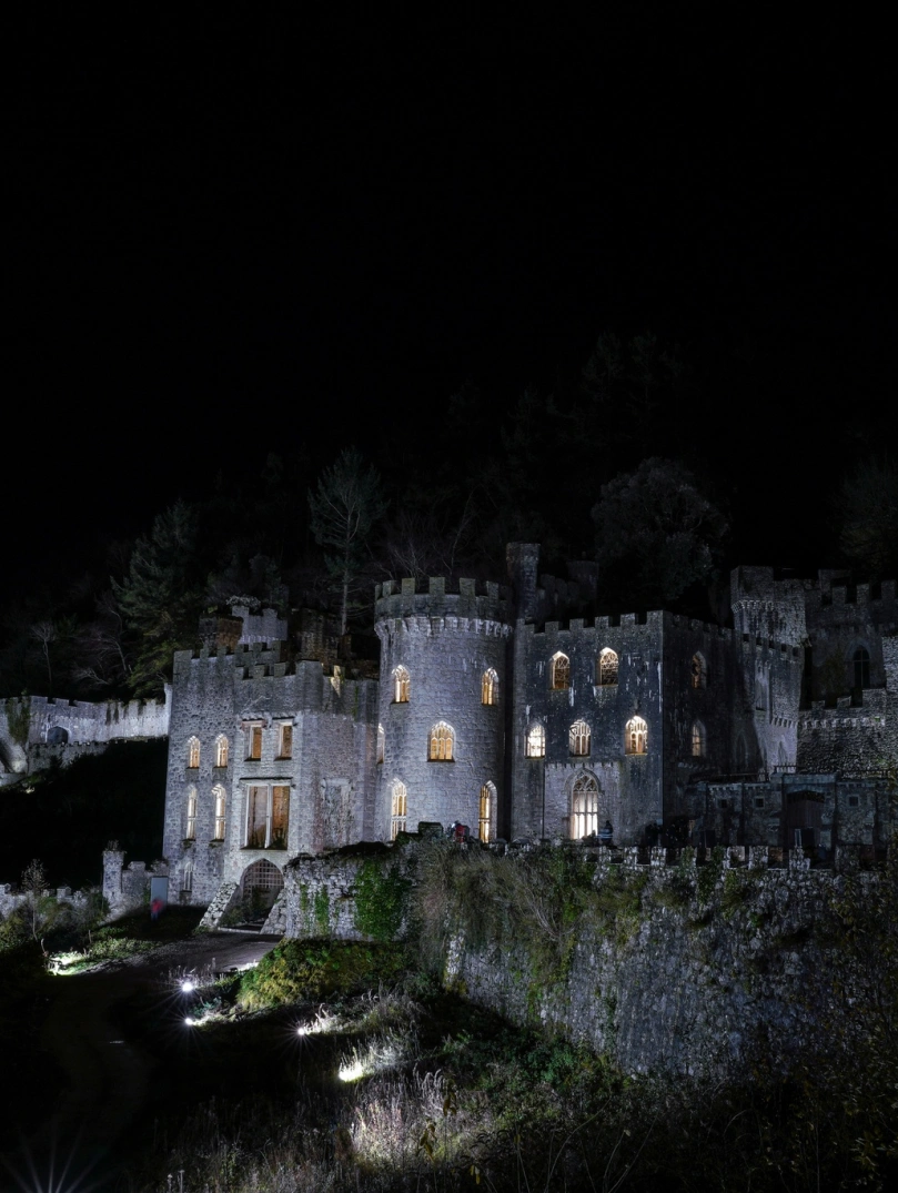 A castle in the spooky glow at nighttime.