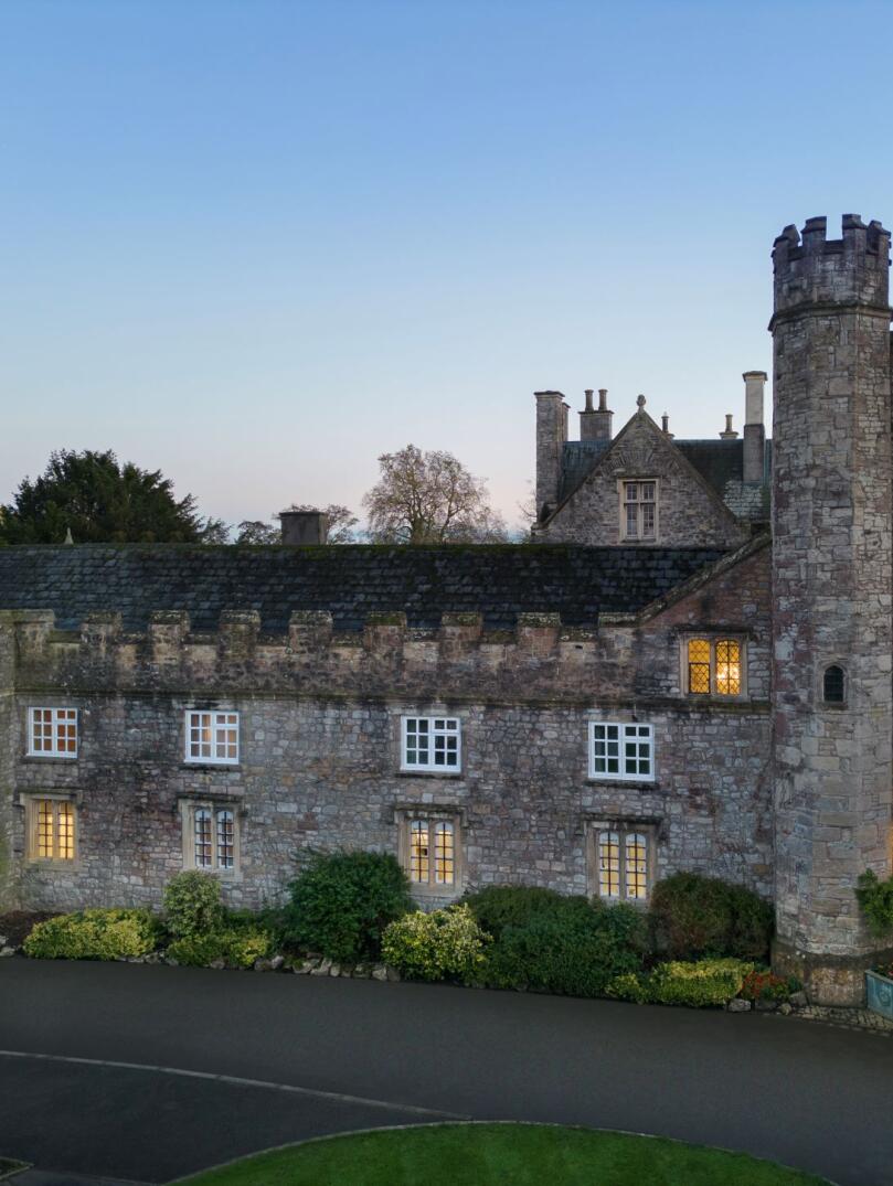 Evening Exterior shot of historic hotel.