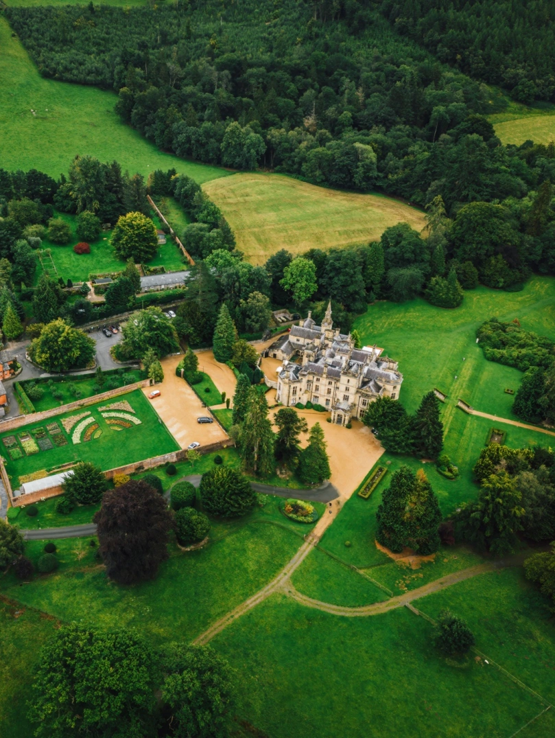 Aerial shot of luxury grand hotel and its grounds.