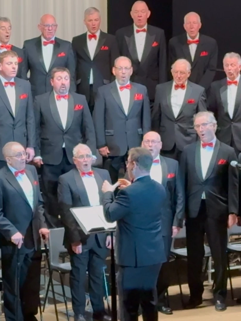 A male voice choir singing on a stage.