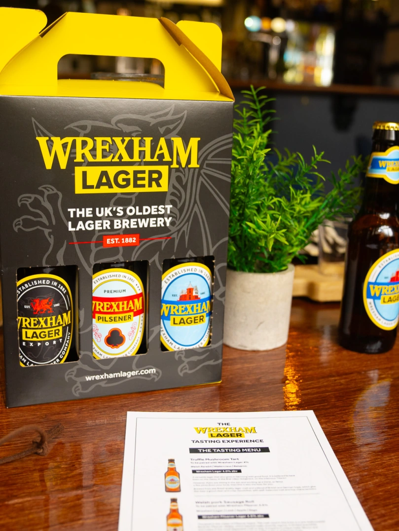 Wrexham lager display of bottles at restaurant