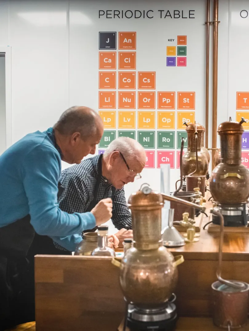 Group of people making gin at a workshop.
