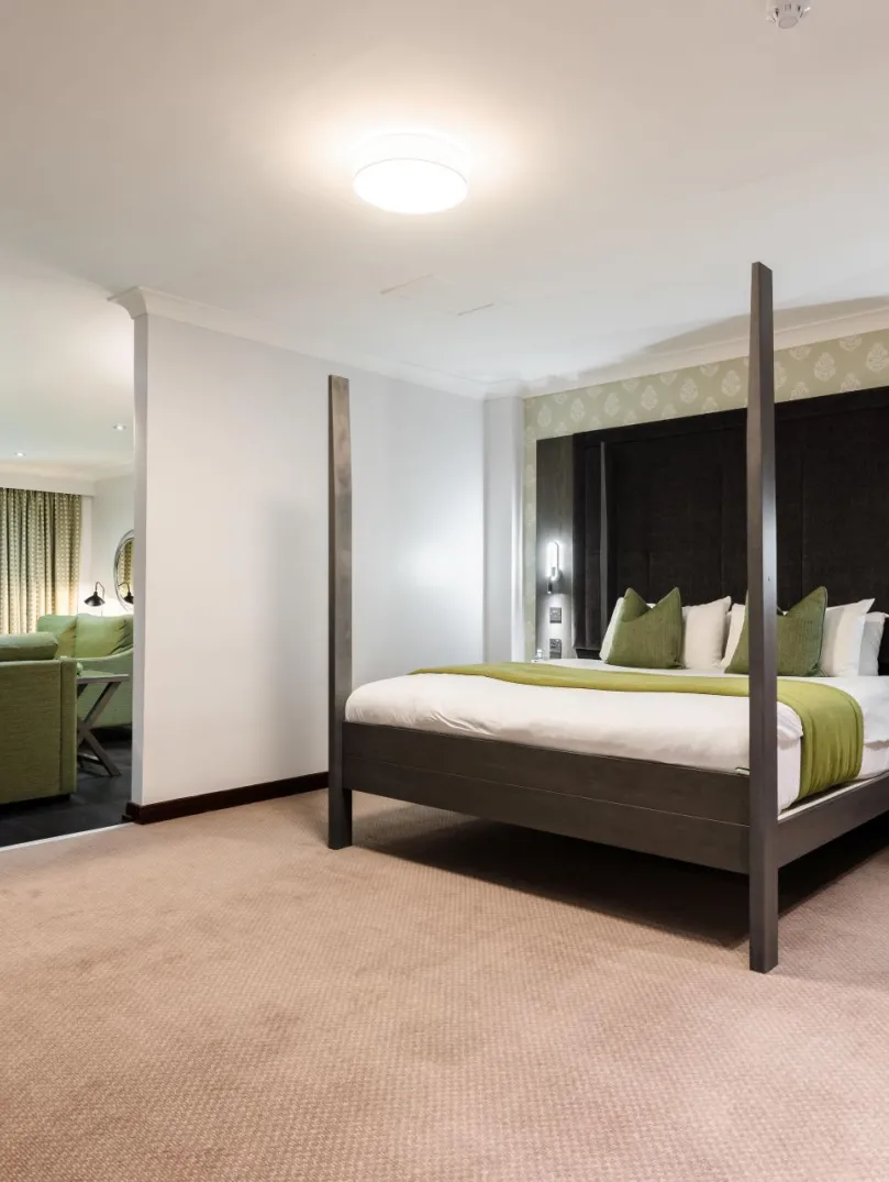 An executive bedroom in a hotel with a lounge and sliding doors to a terrace.