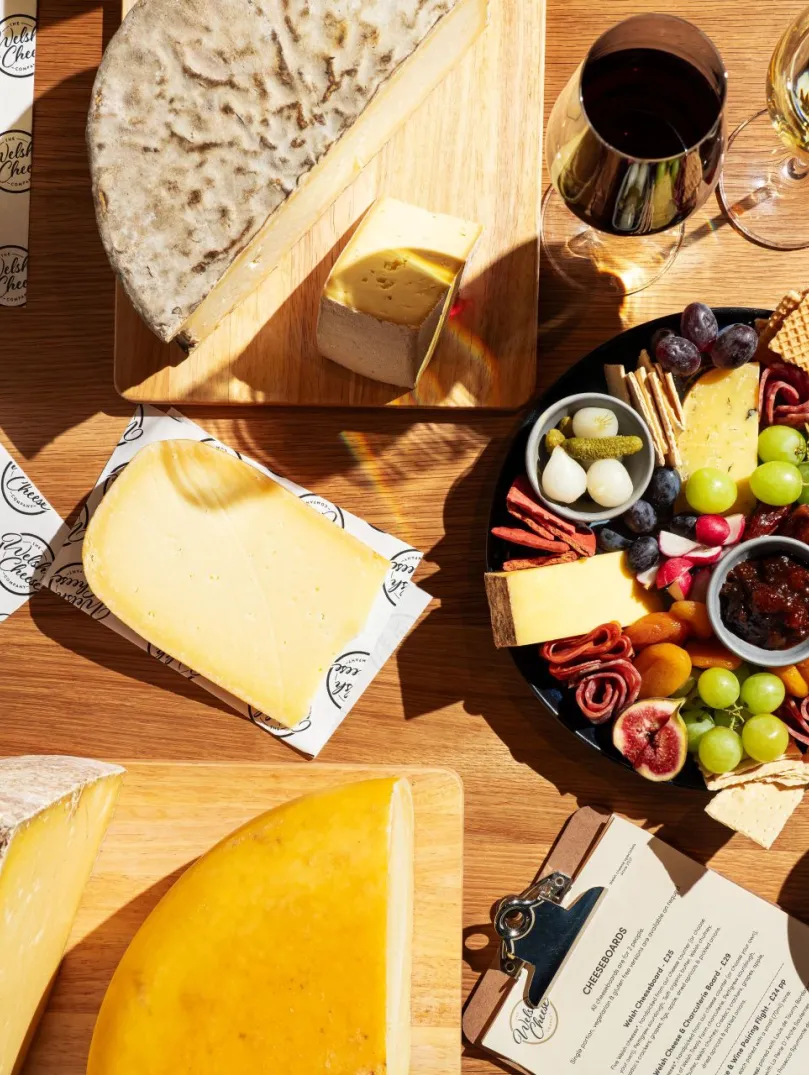 Overhead shot of Welsh cheeses and cheeseboard 