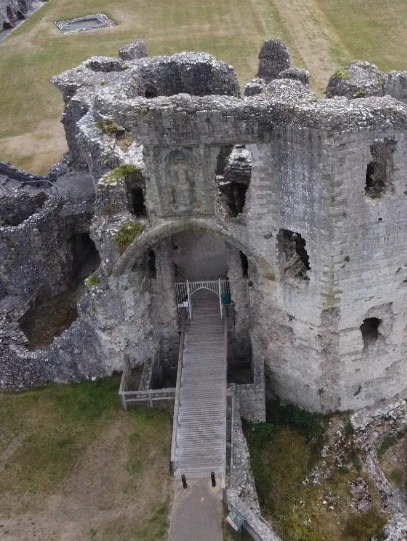 Aerial shot of the ruins of a castle.