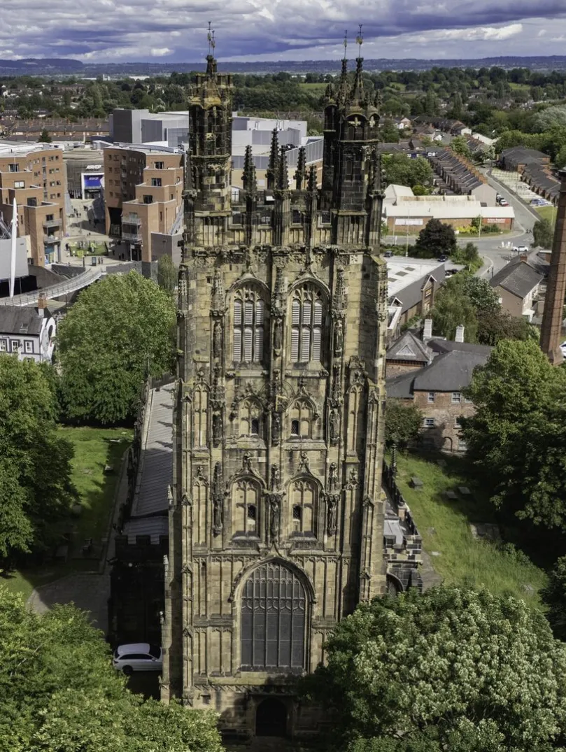 Aerial shot of a church and a city