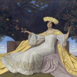 A painting of a lady sitting in a grand dress with a long gold cape flowing around her.