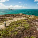 Walkers on a coast path with views of an island in the sea.