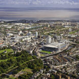 Aerial view of Cardiff looking towards Cardiff Bay and the channel.