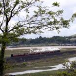 A steam train travelling alongside the coast with a harbour in the background.