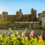 A train travelling alongside a castle.