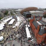 Aerial shot of a food festival, arts centre and civic building.