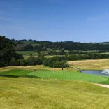 Golfers putting on the green of a golf course next to a fountain.
