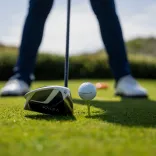 A golfer lining up a shot with his club.