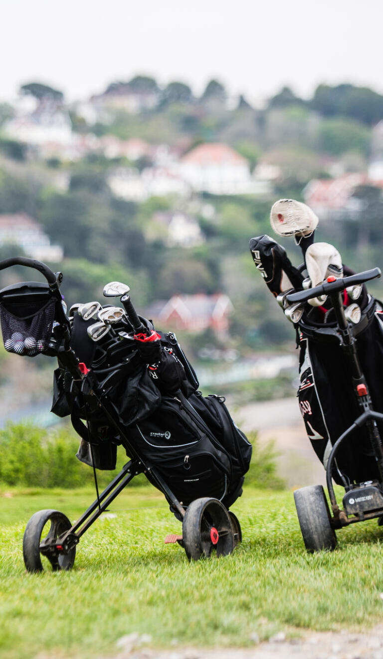Golfing trolleys with Langland Bay in the background.
