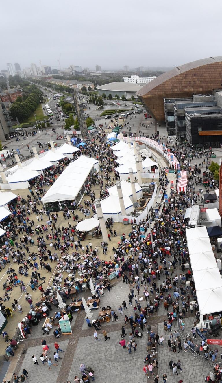 Aerial shot of a food festival, arts centre and civic building.
