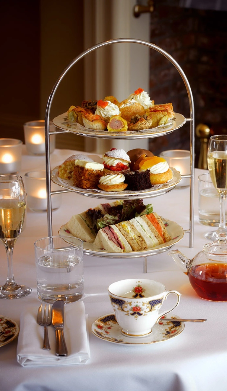 A table set up for afternoon tea with champagne next to a roaring fire.